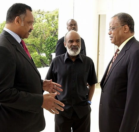 Rene Preval, Jesse Jackson, and Fritz Longchamps at Palais National Haiti